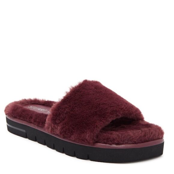 STUART WEITZMAN Elodie Chill Faux Fur Slide Slipper Sandal Size 9 Cranberry NWT - Picture 2 of 16